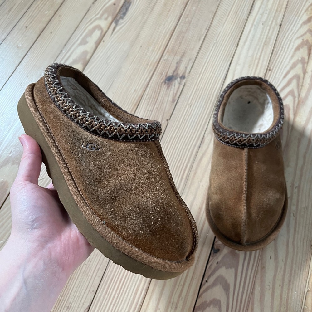 UGG Tasman Slipper Women 7 Chestnut Brown Suede Braid Trim Slip On Shoes